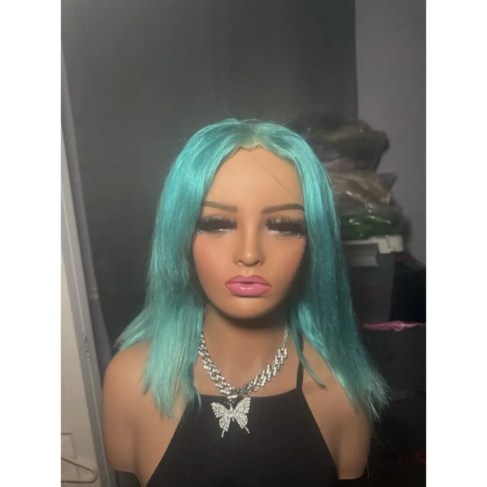 Human Hair Wig 13x4 Lace Front Aqua Blue Bob